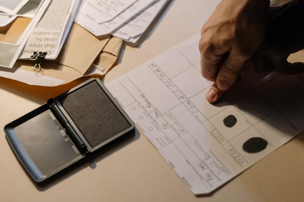 Detailed view of a hand taking fingerprints on a document with ink pad on desk.